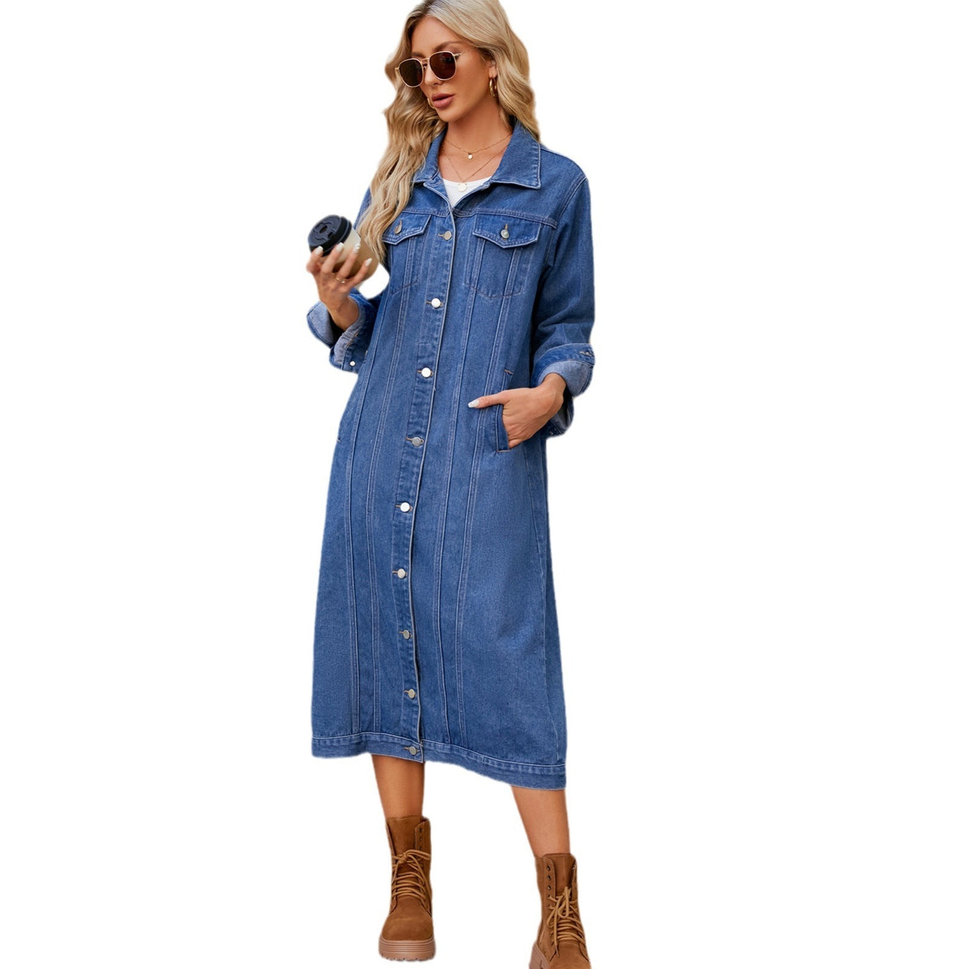 Washed Cardigan Long Denim Coat And Trench Coat Women