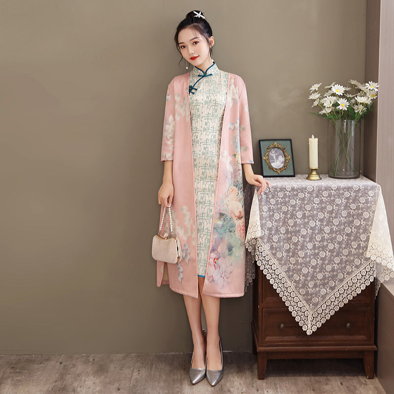 Women's Medium Length Cheongsam With Suede And Aodai Dress