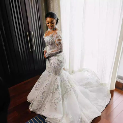 Wedding Dress African Bridal Lace Long Sleeve Fishtail