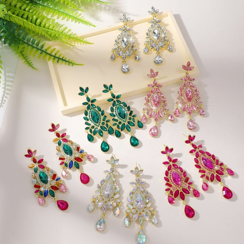 Fashionable And High-end Retro Trend Christmas Tree Shaped Geometric Sparkling Colored Crystal Earrings, Light Luxury Earrings