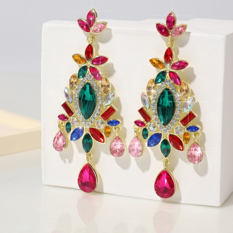 Fashionable And High-end Retro Trend Christmas Tree Shaped Geometric Sparkling Colored Crystal Earrings, Light Luxury Earrings