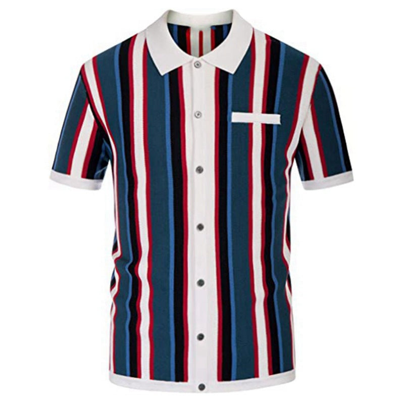 Polo Collar Stripes Casual Knitted T-shirt Short Sleeve