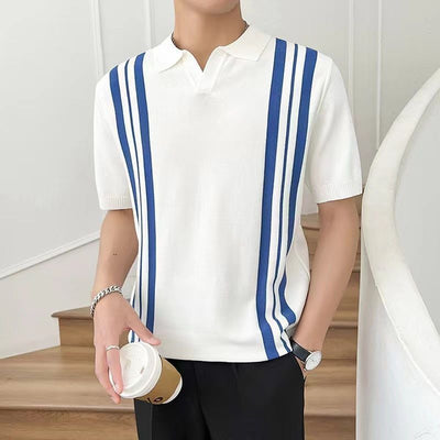 Men's Mixed Color Stripe Slim Lapel T-shirt