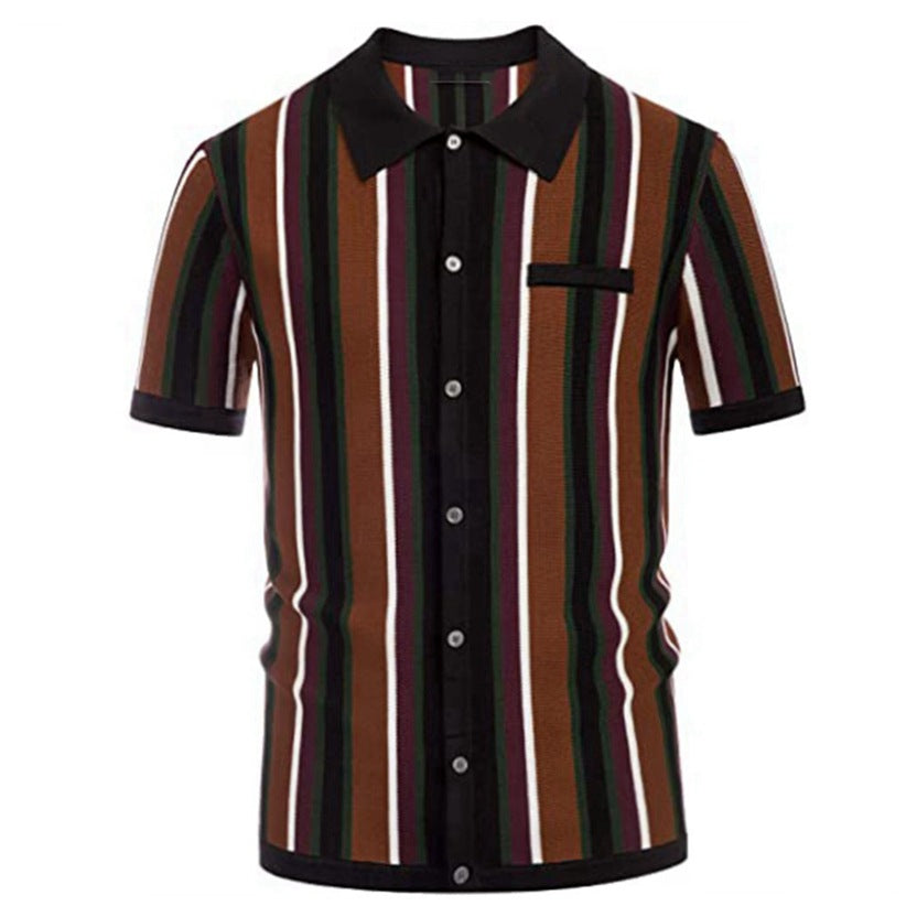 Polo Collar Stripes Casual Knitted T-shirt Short Sleeve