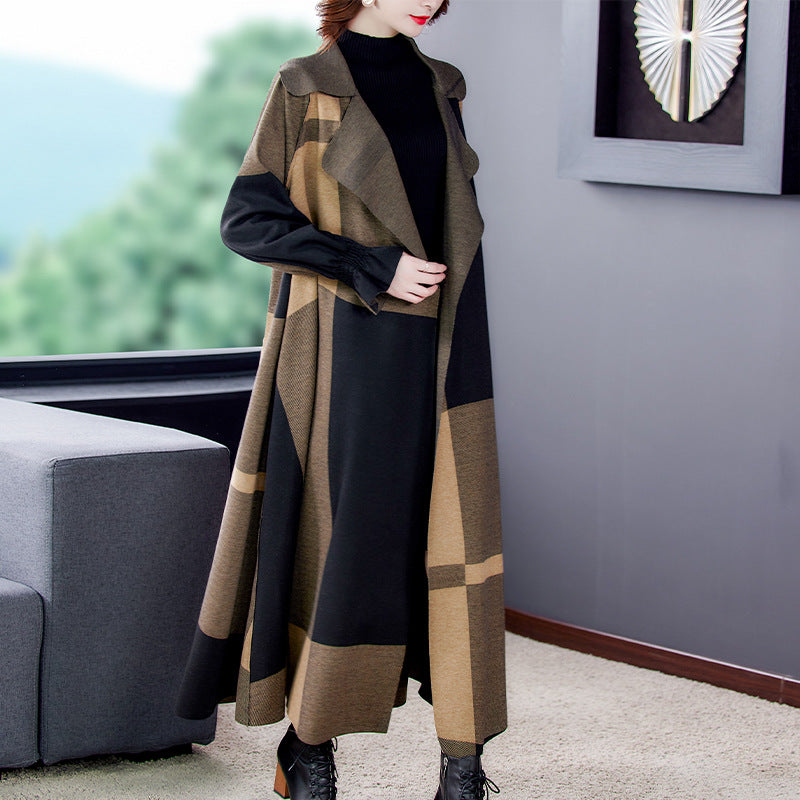 Women's Fashion Artistic Elegant Suit Collar Mid-length Thin Plaid Woolen Trench Coat