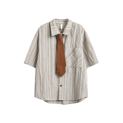 Japanese-style Retro Vertical Striped Casual Short-sleeved Shirt Men