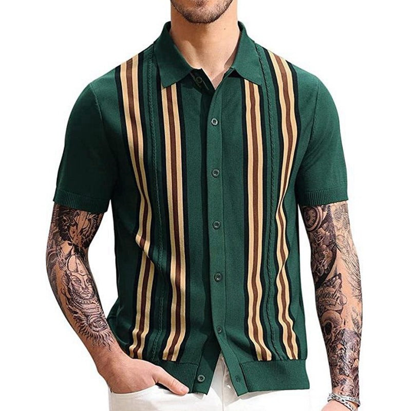 Green Striped Short Sleeve Slim Fit Business Sweater