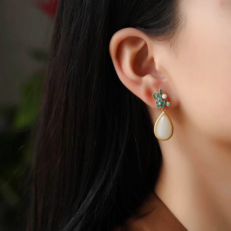 Natural White Jade Drop-shaped Women's Long Earrings